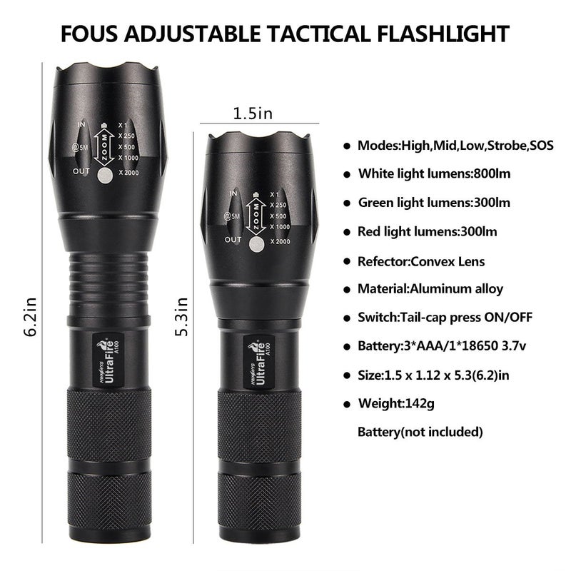ULTRAFIRE 2 Pack A100 LED Hunting Flashlight,800 Lumen 3-Color-Light Tactical Flashlight 5 Modes Zoomable Small LED Hand held Flashlights (White Light/RED Light/Green Light) - Image 4
